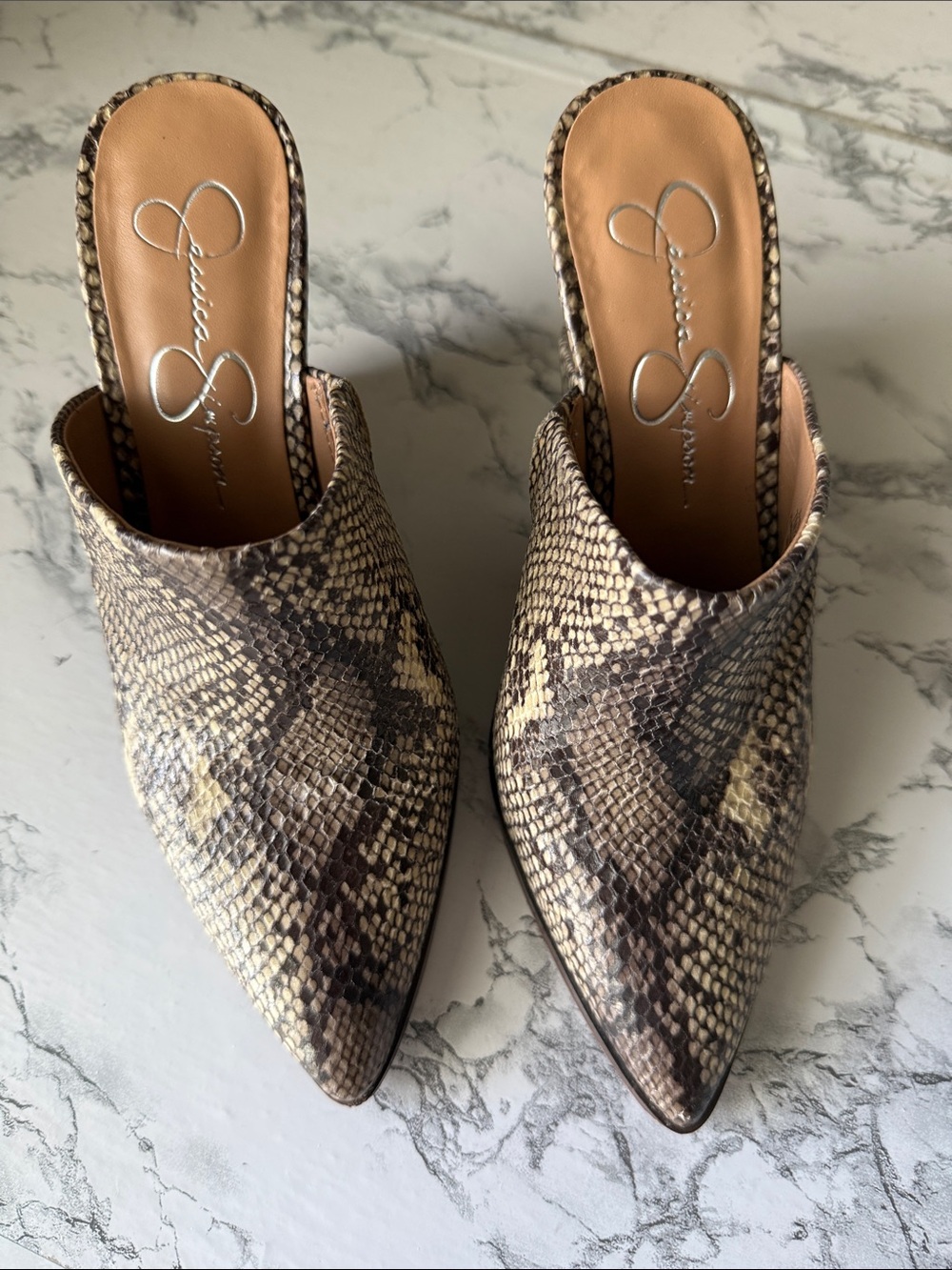 Jessica Simpson Snake-Print Pointed Mules in Taupe and Brown